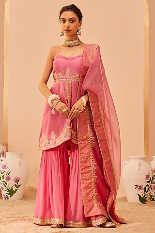 Flamingo Pink Georgette Gharara Set by Sheetal Batra