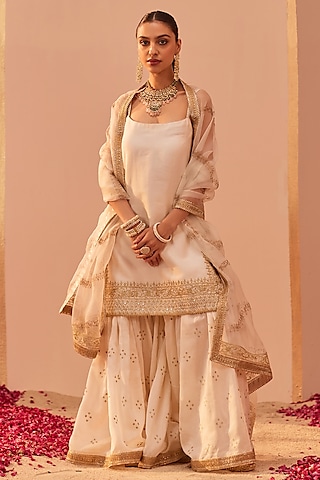 Daisy Ivory Silk Chanderi Embroidered Gharara Set by Sheetal Batra
