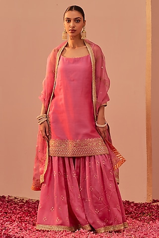Flamingo Pink Silk Chanderi Embroidered Gharara Set by Sheetal Batra