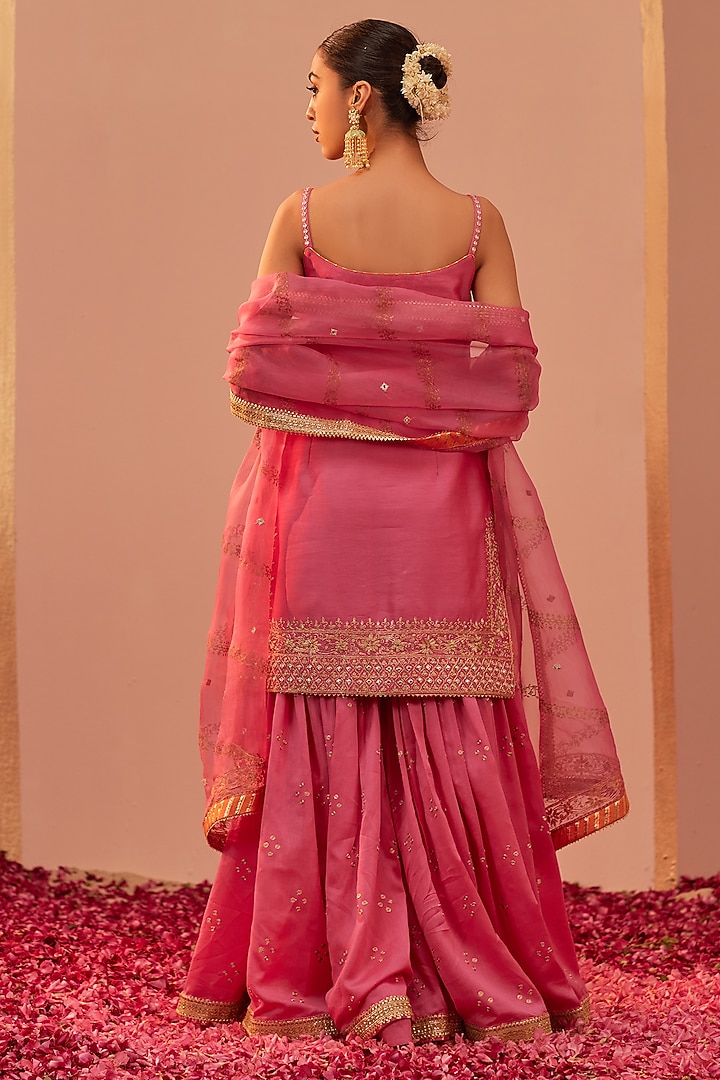 Flamingo Pink Silk Chanderi Embroidered Gharara Set by Sheetal Batra at Pernia's Pop Up Shop