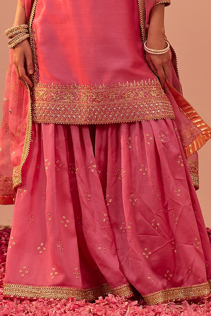 Flamingo Pink Silk Chanderi Embroidered Gharara Set by Sheetal Batra at Pernia's Pop Up Shop