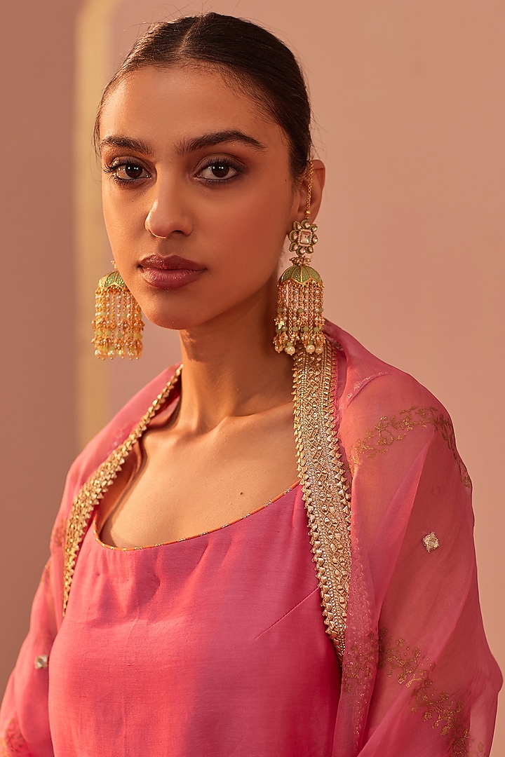 Flamingo Pink Silk Chanderi Embroidered Gharara Set by Sheetal Batra at Pernia's Pop Up Shop