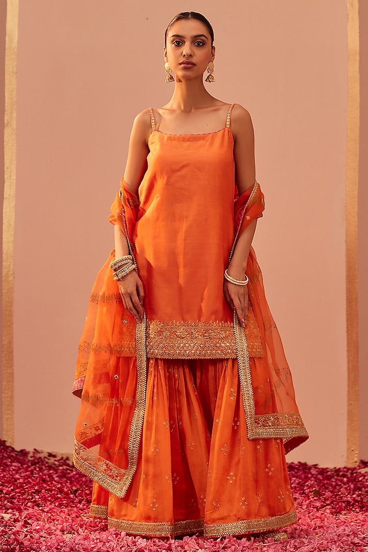 Tangerine Orange Silk Chanderi Embroidered Gharara Set
 by Sheetal Batra