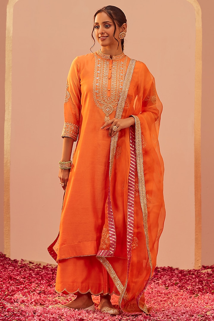 Tangerine Orange Silk Chanderi Embroidered Kurta Set by Sheetal Batra