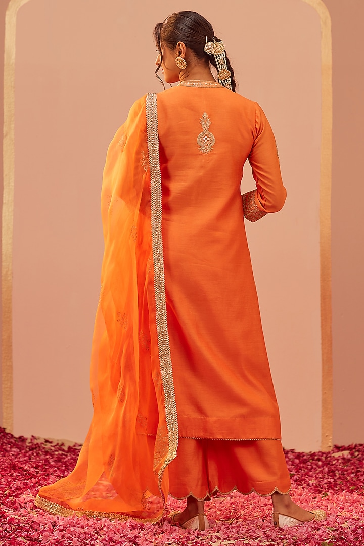 Tangerine Orange Silk Chanderi Embroidered Kurta Set by Sheetal Batra at Pernia's Pop Up Shop