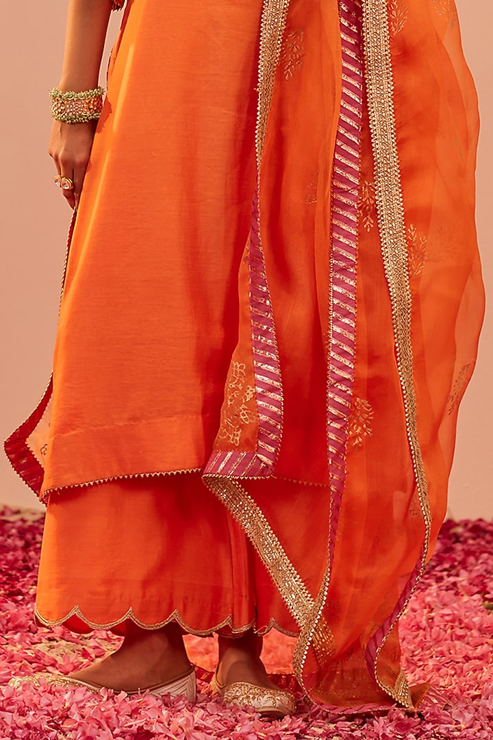 Tangerine Orange Silk Chanderi Embroidered Kurta Set by Sheetal Batra at Pernia's Pop Up Shop
