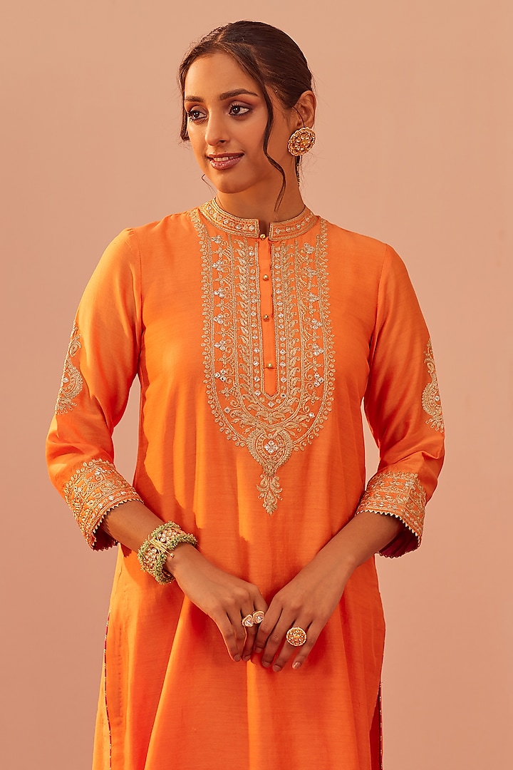 Tangerine Orange Silk Chanderi Embroidered Kurta Set by Sheetal Batra at Pernia's Pop Up Shop