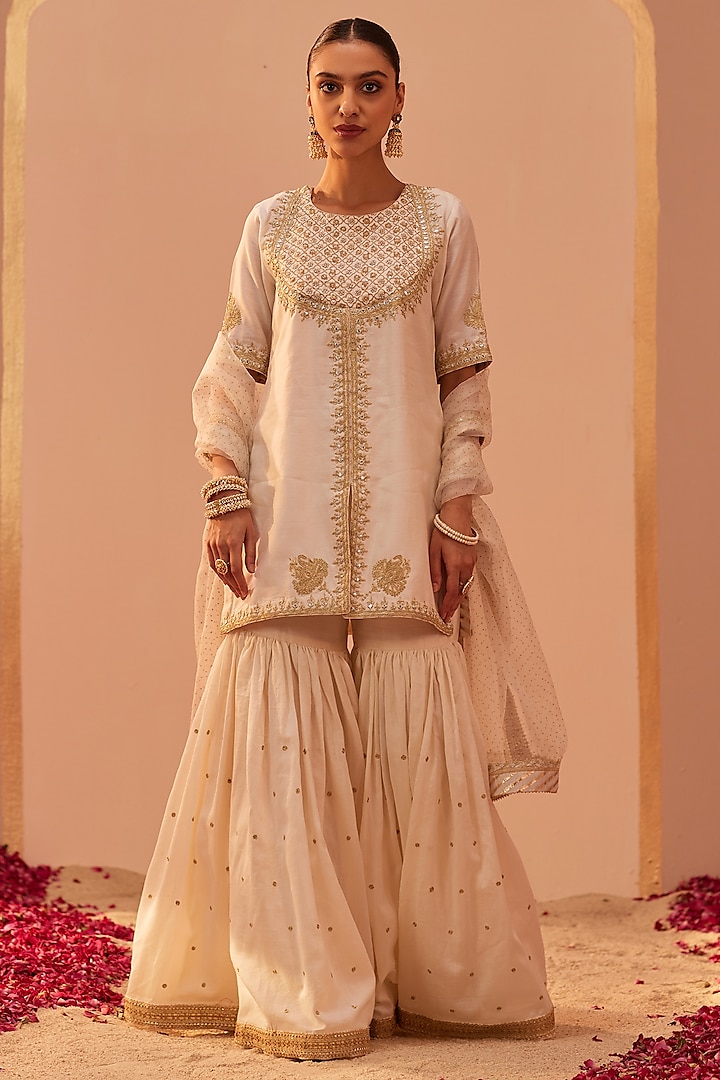 Daisy Ivory Silk Chanderi Embroidered Gharara Set by Sheetal Batra