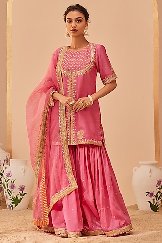 Flamingo Pink Silk Chanderi Embroidered Gharara Set by Sheetal Batra