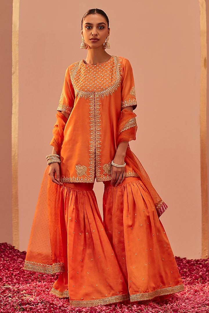 Tangerine Orange Silk Chanderi Embroidered Gharara Set by Sheetal Batra