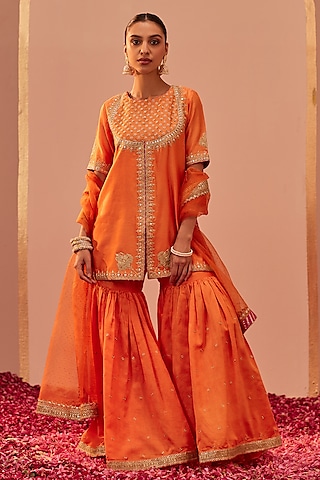 Tangerine Orange Silk Chanderi Embroidered Gharara Set by Sheetal Batra