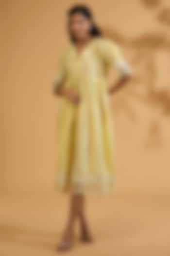 Yellow Silk Chanderi Dori Embroidered A-Line Gathered Summer Dress by Sheetal Batra at Pernia's Pop Up Shop