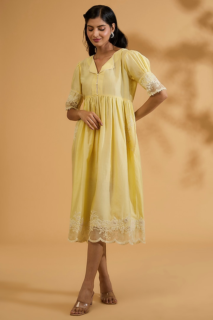 Yellow Silk Chanderi Dori Embroidered A-Line Gathered Summer Dress by Sheetal Batra at Pernia's Pop Up Shop