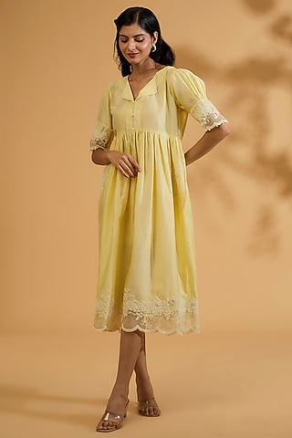 Yellow Silk Chanderi Dori Embroidered A-Line Gathered Dress by Sheetal Batra