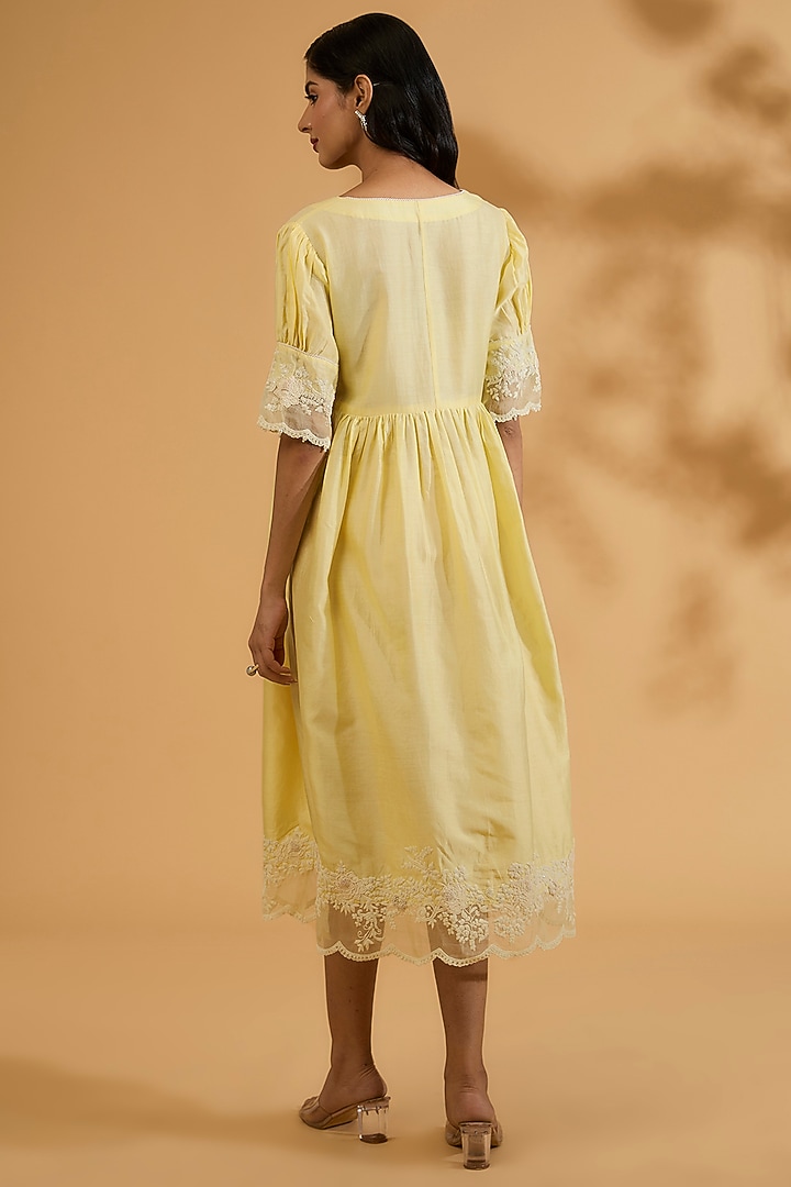 Yellow Silk Chanderi Dori Embroidered A-Line Gathered Summer Dress by Sheetal Batra at Pernia's Pop Up Shop