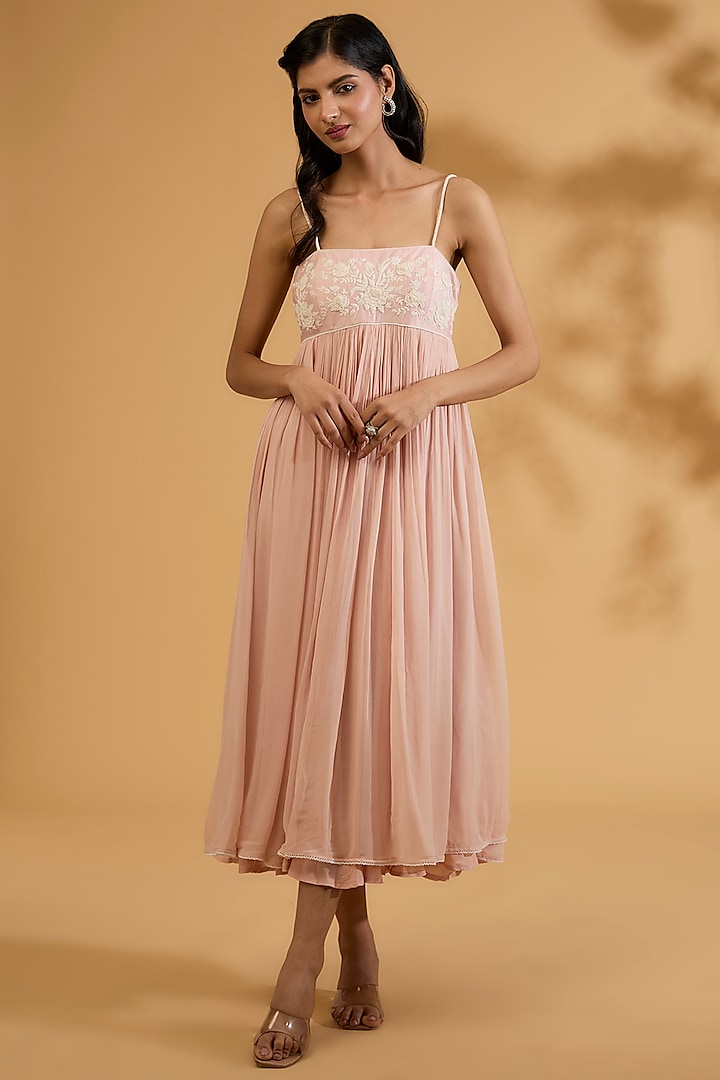 Pink Chanderi Silk & Georgette Sequins Embroidered Ankle-Length Vacation Dress by Sheetal Batra at Pernia's Pop Up Shop