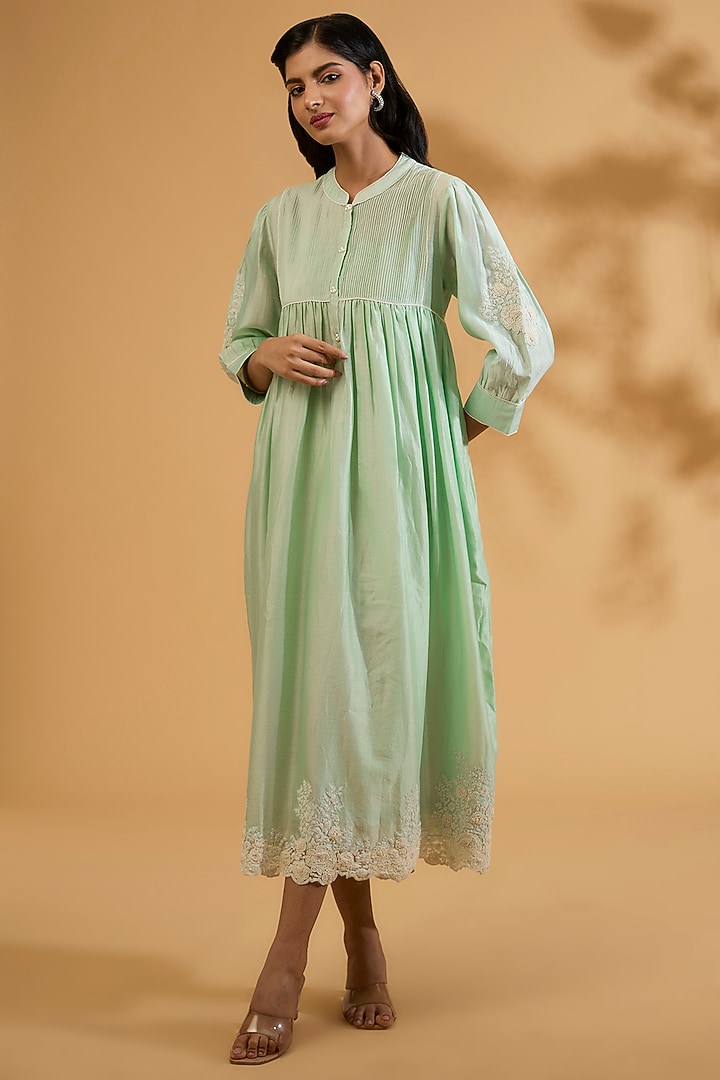Mint Silk Chanderi Dori Embroidered A-Line Gathered Vacation Dress by Sheetal Batra at Pernia's Pop Up Shop
