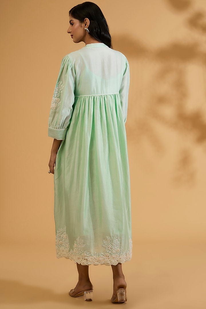 Mint Silk Chanderi Dori Embroidered A-Line Gathered Vacation Dress by Sheetal Batra at Pernia's Pop Up Shop