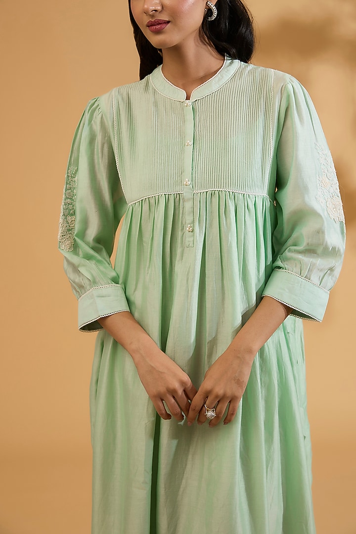 Mint Silk Chanderi Dori Embroidered A-Line Gathered Vacation Dress by Sheetal Batra at Pernia's Pop Up Shop