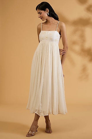 Ivory Chanderi Silk & Georgette Sequins Embroidered Dress by Sheetal Batra