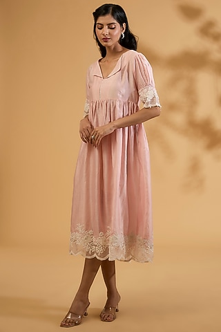 Pink Silk Chanderi Dori Embroidered A-Line Gathered Dress by Sheetal Batra
