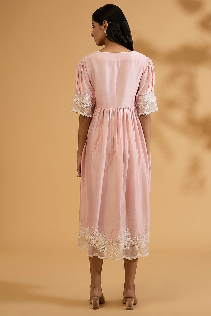 Pink Silk Chanderi Dori Embroidered A-Line Gathered Summer Dress by Sheetal Batra at Pernia's Pop Up Shop