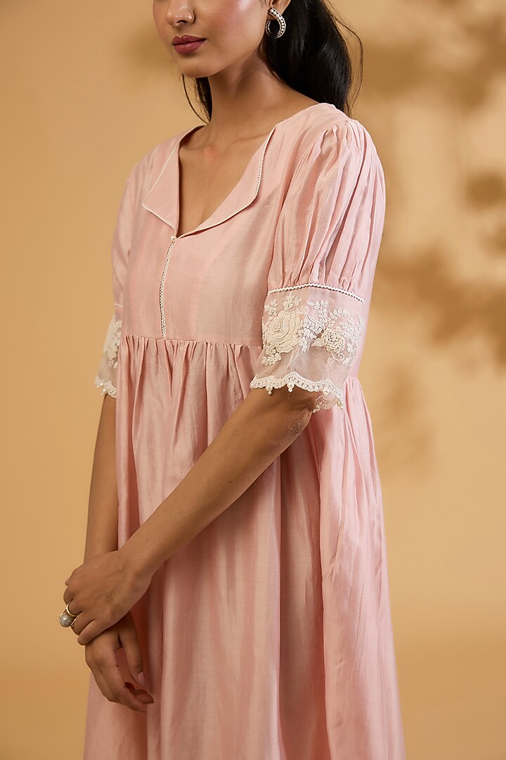 Pink Silk Chanderi Dori Embroidered A-Line Gathered Summer Dress by Sheetal Batra at Pernia's Pop Up Shop