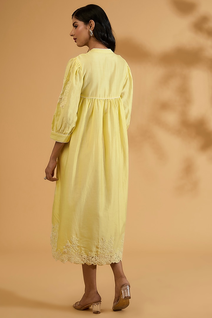 Yellow Silk Chanderi Dori Embroidered A-Line Gathered Vacation Dress by Sheetal Batra at Pernia's Pop Up Shop