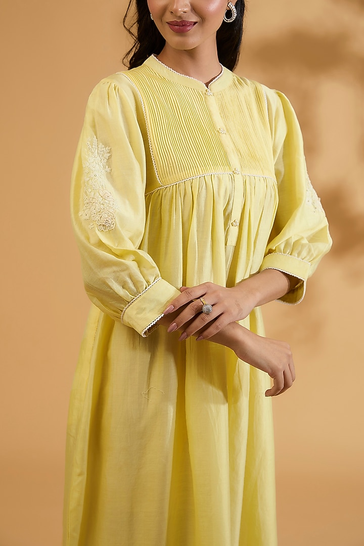 Yellow Silk Chanderi Dori Embroidered A-Line Gathered Vacation Dress by Sheetal Batra at Pernia's Pop Up Shop