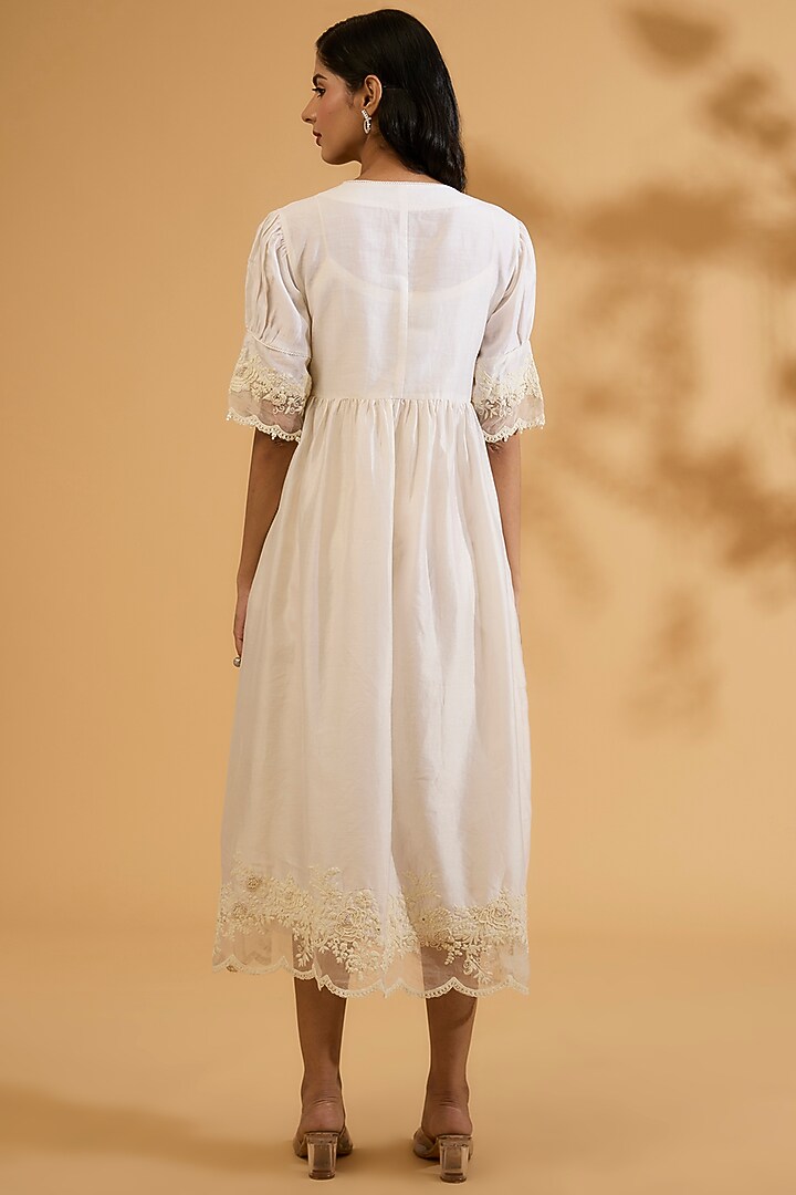 Ivory Silk Chanderi Dori Embroidered A-Line Gathered Summer Dress by Sheetal Batra at Pernia's Pop Up Shop
