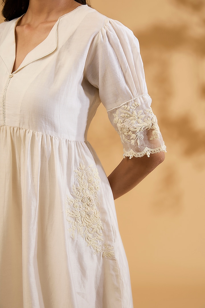 Ivory Silk Chanderi Dori Embroidered A-Line Gathered Summer Dress by Sheetal Batra at Pernia's Pop Up Shop