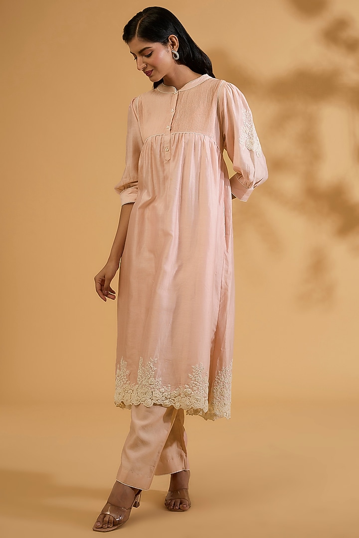 Pink Silk Chanderi Dori Embroidered A-Line Gathered Kurta Set by Sheetal Batra at Pernia's Pop Up Shop