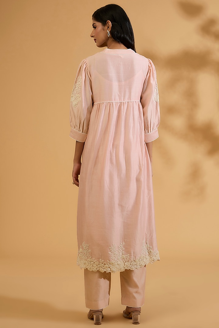 Pink Silk Chanderi Dori Embroidered A-Line Gathered Kurta Set by Sheetal Batra at Pernia's Pop Up Shop