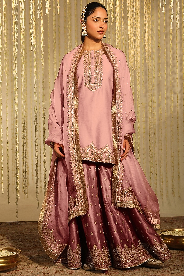 Rose Pink Pure Chanderi Silk Sitara Embroidered Wedding Sharara Set by Sheetal Batra at Pernia's Pop Up Shop