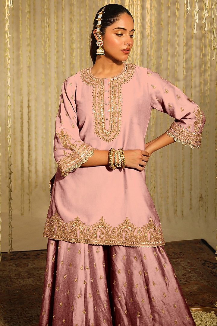 Rose Pink Pure Chanderi Silk Sitara Embroidered Wedding Sharara Set by Sheetal Batra at Pernia's Pop Up Shop