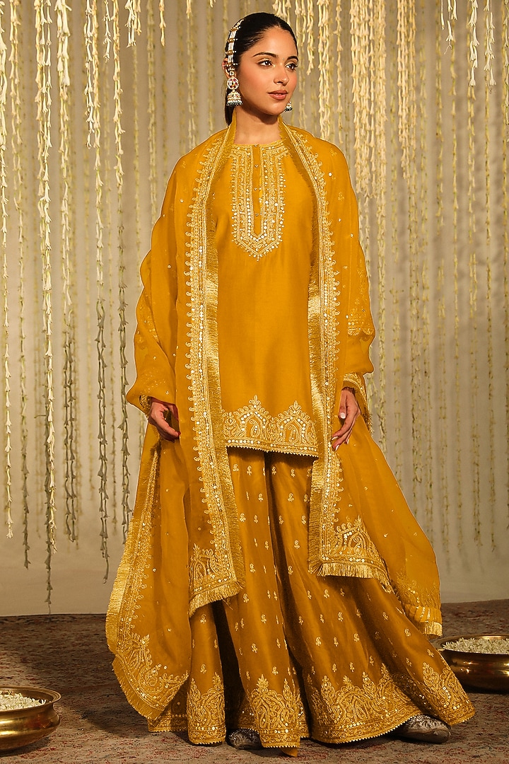 Mustard Pure Chanderi Silk Sitara Embroidered Wedding Sharara Set by Sheetal Batra at Pernia's Pop Up Shop