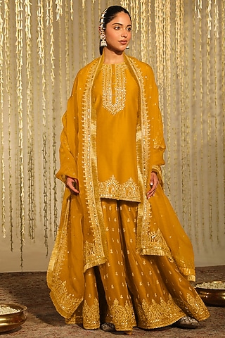 Mustard Pure Chanderi Silk Sitara Embroidered Sharara Set by Sheetal Batra