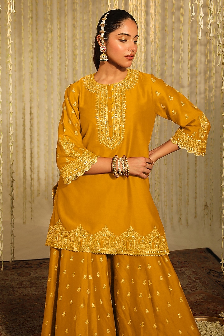 Mustard Pure Chanderi Silk Sitara Embroidered Wedding Sharara Set by Sheetal Batra at Pernia's Pop Up Shop
