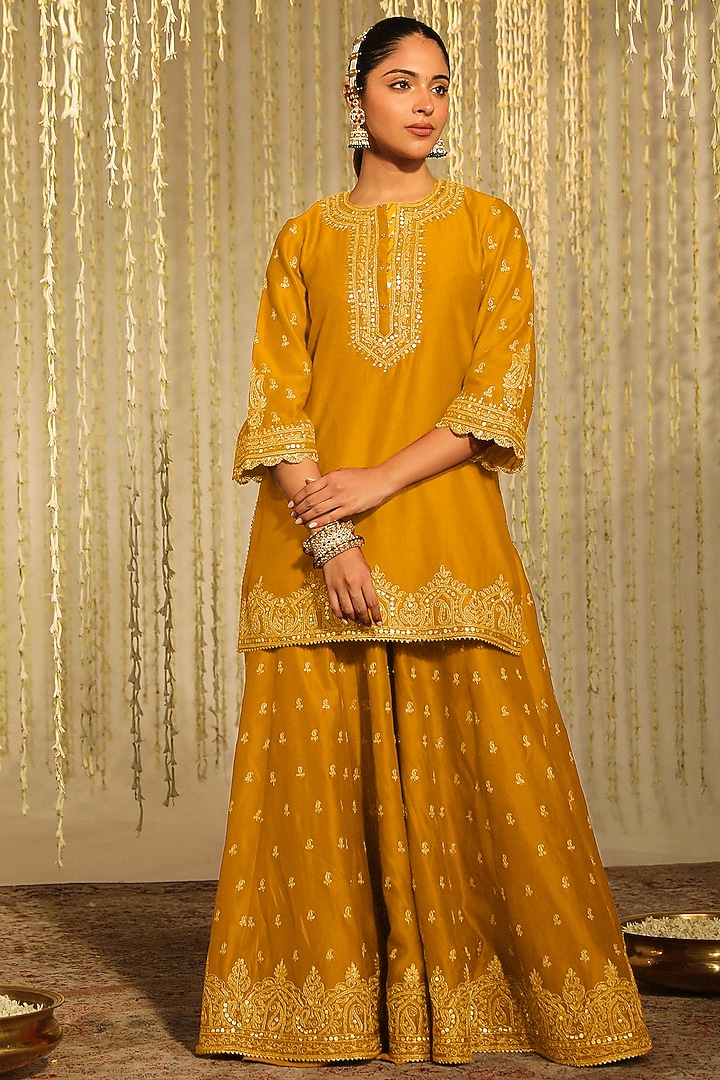 Mustard Pure Chanderi Silk Sitara Embroidered Wedding Sharara Set by Sheetal Batra at Pernia's Pop Up Shop