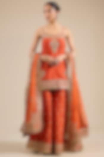 Burnt Orange Pure Silk Chanderi Kiran Dori Embroidered Wedding Sharara Set by Sheetal Batra at Pernia's Pop Up Shop