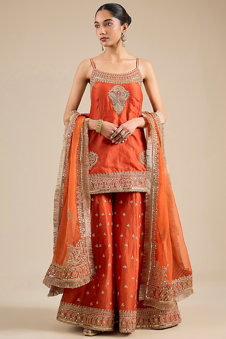 Burnt Orange Pure Silk Chanderi Kiran Dori Embroidered Wedding Sharara Set by Sheetal Batra at Pernia's Pop Up Shop