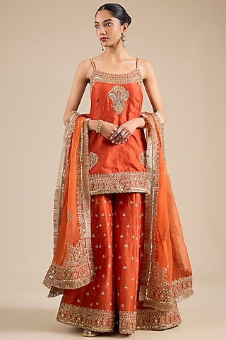 Burnt Orange Pure Silk Chanderi Kiran Dori Embroidered Sharara Set by Sheetal Batra