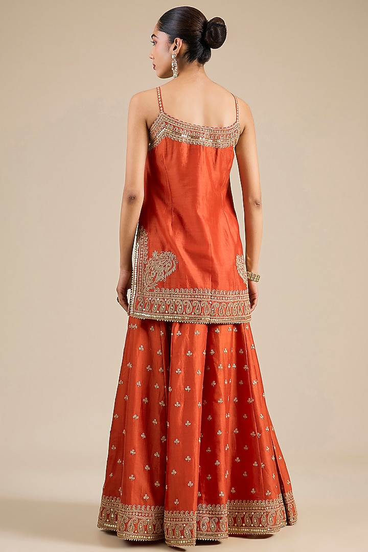 Burnt Orange Pure Silk Chanderi Kiran Dori Embroidered Wedding Sharara Set by Sheetal Batra at Pernia's Pop Up Shop