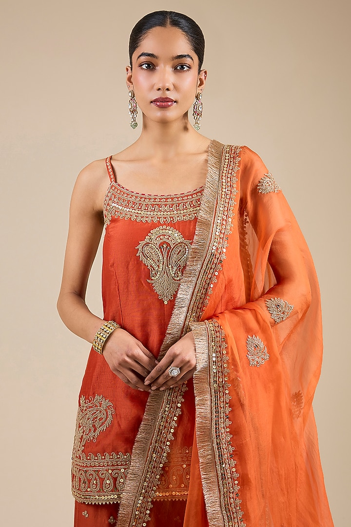 Burnt Orange Pure Silk Chanderi Kiran Dori Embroidered Wedding Sharara Set by Sheetal Batra at Pernia's Pop Up Shop