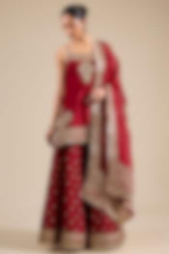 Deep Red Bemberg Satin Wedding Sharara Set by Sheetal Batra at Pernia's Pop Up Shop