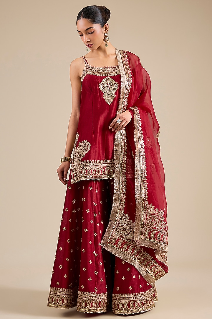 Deep Red Bemberg Satin Wedding Sharara Set by Sheetal Batra at Pernia's Pop Up Shop