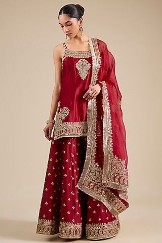 Deep Red Bemberg Satin Sharara Set by Sheetal Batra