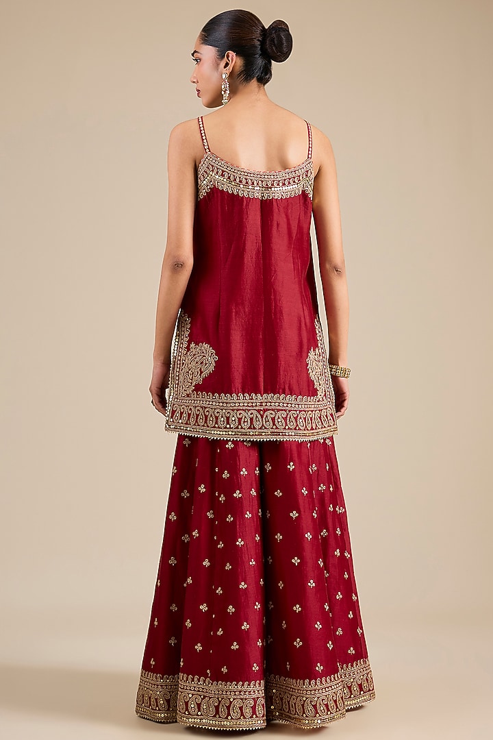 Deep Red Bemberg Satin Wedding Sharara Set by Sheetal Batra at Pernia's Pop Up Shop