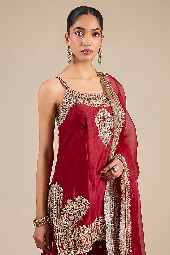 Deep Red Bemberg Satin Wedding Sharara Set by Sheetal Batra at Pernia's Pop Up Shop