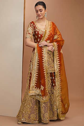 Burnt Orange Silk Chanderi Sitara Embroidered Sharara Set by Sheetal Batra